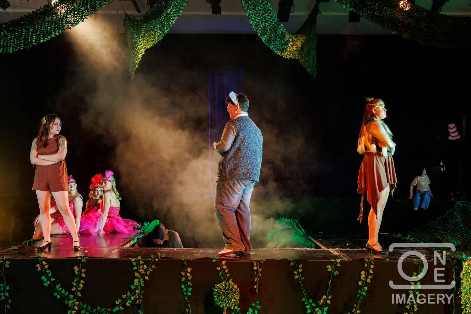 The Seussical cast performing across a decorated stage